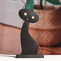 Wood sculpture, 'Miss Cat' - Handcrafted Tilia Wood and Stainless Steel Cat Sculpture