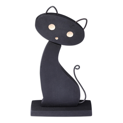 Wood sculpture, 'Miss Cat' - Handcrafted Tilia Wood and Stainless Steel Cat Sculpture