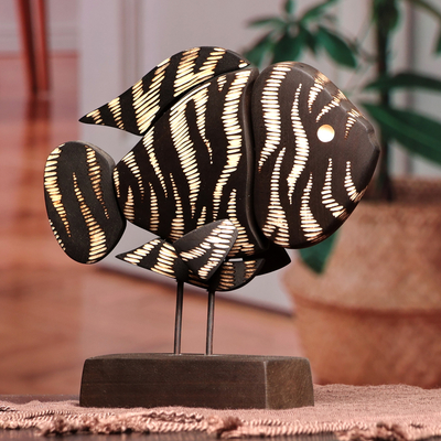 Hand-Painted Wood Fish Sculpture with Stainless Steel Posts, 'Black and  White Fish