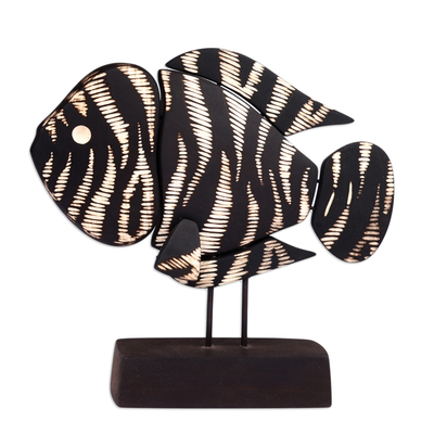 Wood and stainless steel sculpture, 'Black and White Fish' - Hand-Painted Wood Fish Sculpture with Stainless Steel Posts
