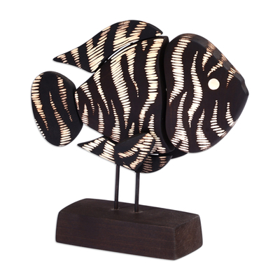 Wood and stainless steel sculpture, 'Black and White Fish' - Hand-Painted Wood Fish Sculpture with Stainless Steel Posts