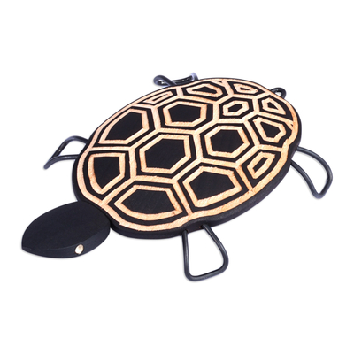 Wood and stainless steel sculpture, 'Geometric Turtle' - Hand-Painted Wood Turtle Sculpture with Geometric Motifs