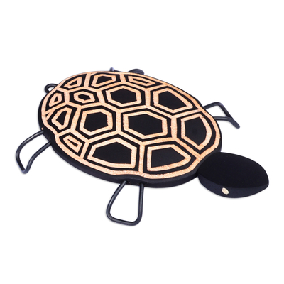 Wood and stainless steel sculpture, 'Geometric Turtle' - Hand-Painted Wood Turtle Sculpture with Geometric Motifs