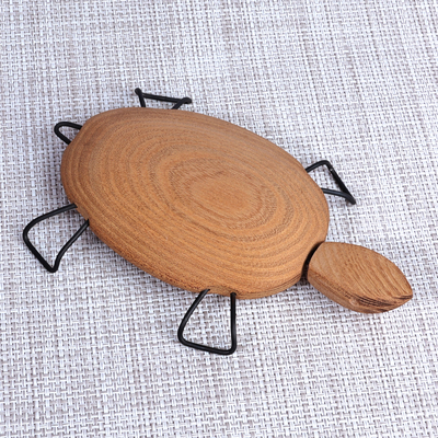 Escultura en madera y acero inoxidable. - Escultura de tortuga de madera tallada a mano con patas de acero inoxidable