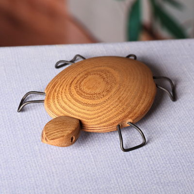 Escultura en madera y acero inoxidable. - Escultura de tortuga de madera tallada a mano con patas de acero inoxidable