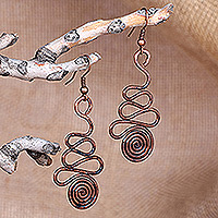 Copper dangle earrings, 'Swirl Bliss' - Antique Copper Spiral Dangle Earrings with Brass Hooks