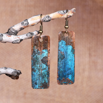 Copper dangle earrings, 'Bohemian Aqua' - Copper Dangle Earrings with Oxidized Finish and Brass Hooks
