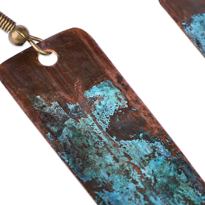 Copper dangle earrings, 'Bohemian Aqua' - Copper Dangle Earrings with Oxidized Finish and Brass Hooks