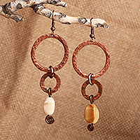 Onyx and copper dangle earrings, 'Dancing Hoops' - Antique Linked Hoop Copper Dangle Earrings with Onyx Stones