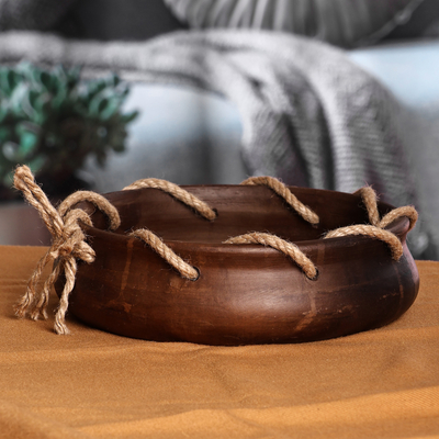 Terracotta decorative bowl, 'Ancestral Beauty' - Handmade Terracotta Decorative Bowl with Jute Rope Accents