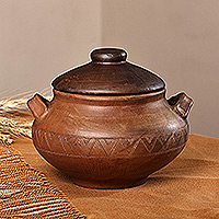 Terracotta decorative jar, 'Natural Splendor' - Brown Terracotta Decorative Jar with Lid Handmade in Armenia