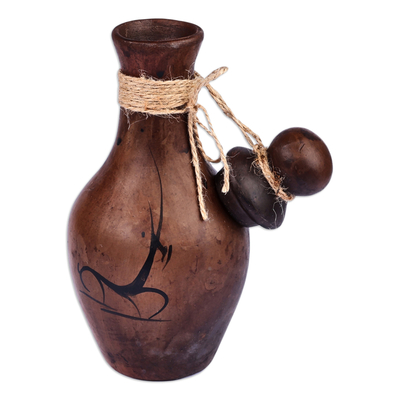 Terracotta decorative bottle, 'Bezoar Goat' - Handmade Terracotta Decorative Bottle with Jute Rope Accents