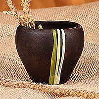 Terracotta decorative flower pot, 'Lines of Nature' - Handcrafted Striped Terracotta Decorative Flower Pot