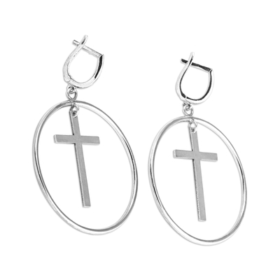 Sterling silver dangle earrings, 'Eternal Faith' - Modern Cross-Themed Round Sterling Silver Dangle Earrings