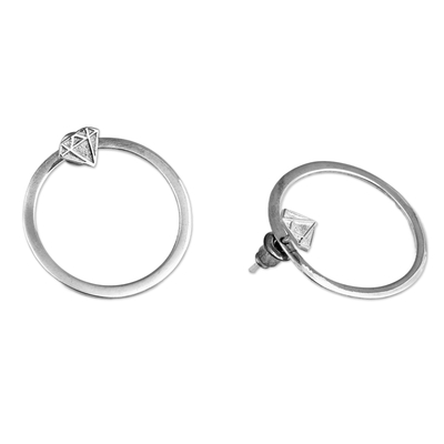 Sterling silver drop earrings, 'Dame Nimbus' - Round Sterling Silver Drop Earrings with Diamond Motifs