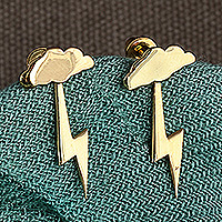 Gold-plated ear jacket earrings, 'Triumph Thunder' - Nature-Themed Bolt Gold-Plated Ear Jacket Earrings