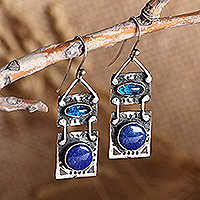 Lapis lazuli sterling silver dangle earrings, 'Blue Call' - Lapis Lazuli and Synthetic Sapphire Dangle Earrings