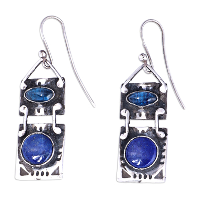 Lapis lazuli sterling silver dangle earrings, 'Blue Call' - Lapis Lazuli and Synthetic Sapphire Dangle Earrings