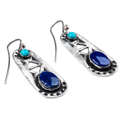 Lapis lazuli and turquoise dangle earrings, 'Magic Lake' - Oxidized Lapis Lazuli Turquoise 925 Silver Dangle Earrings