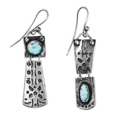 Turquoise dangle earrings, 'Enchanting Allure' - Sterling Silver Dangle Earrings with Oval & Round Turquoise