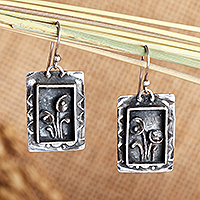 Sterling silver dangle earrings, 'Spring Portraits' - Oxidized Geometric Floral Sterling Silver Dangle Earrings
