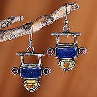Lapis lazuli and garnet dangle earrings, 'Geometric Space' - Lapis Lazuli Garnet and Synthetic Sapphire Dangle Earrings