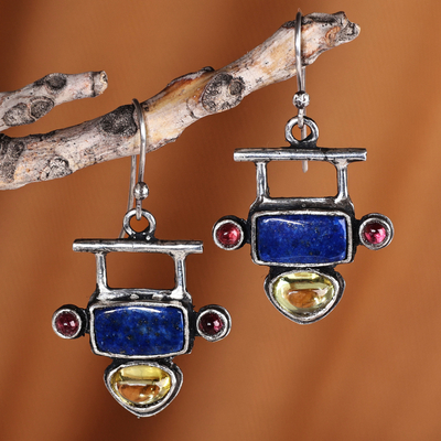 Pendientes colgantes de lapislázuli y granates - Pendientes colgantes de lapislázuli, granate y zafiro sintético