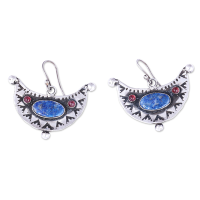 Lapis lazuli and garnet dangle earrings, 'Sea and Land' - Classic Natural Lapis Lazuli and Garnet Dangle Earrings