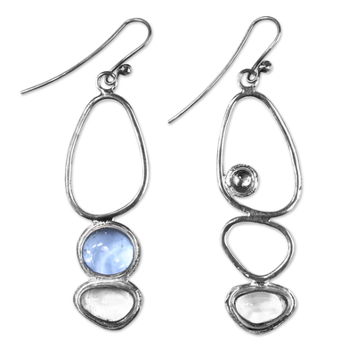 Sterling silver dangle earrings, 'Abstract Duo' - Silver Dangle Earrings with Synthetic Blue & Grey Sapphire
