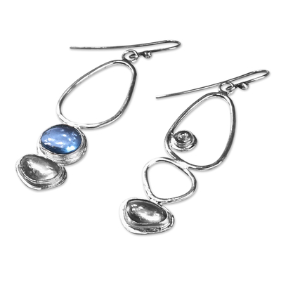 Sterling silver dangle earrings, 'Abstract Duo' - Silver Dangle Earrings with Synthetic Blue & Grey Sapphire