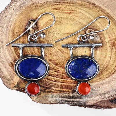 Lapis lazuli and carnelian dangle earrings, 'Sea and Fire' - Silver Dangle Earrings with Lapis Lazuli & Carnelian Stones