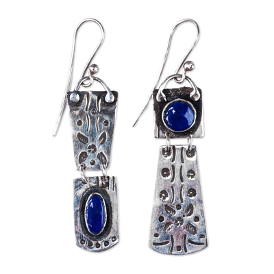 Lapis lazuli dangle earrings, 'Enchanting Splendor' - Silver Dangle Earrings with Oval & Round Lapis Lazuli Stones