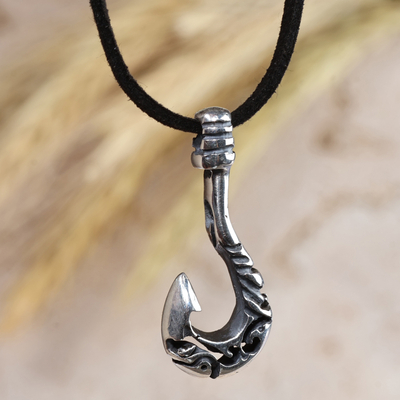Men's sterling silver pendant necklace, 'Ancient Hook' - Men's Sterling Silver and Faux Leather Hook Pendant Necklace