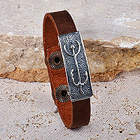 Men's leather and sterling silver pendant bracelet, 'Bravery Trace' - Men's Brown Leather and Sterling Silver Pendant Bracelet