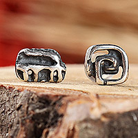 Sterling silver stud earrings, 'Aesthetic' - Oxidized Sterling Silver Stud Earrings Made in Armenia