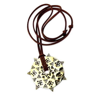 Brass pendant necklace, 'Solar Armenia' - Sun-Themed Faux Leather Cord and Brass Pendant Necklace