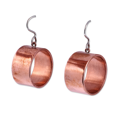 Copper dangle earrings, 'Chic Cylinder' - Copper Cylinder Dangle Earrings with Sterling Silver Hooks