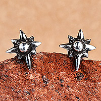 Sterling silver button earrings, 'Twinkle Stars' - Oxidized Star-Shaped Sterling Silver Button Earrings