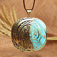 Collar colgante de latón, 'Petroglifos' - Collar colgante de latón con temática de petroglifos de sol y cabra armenio