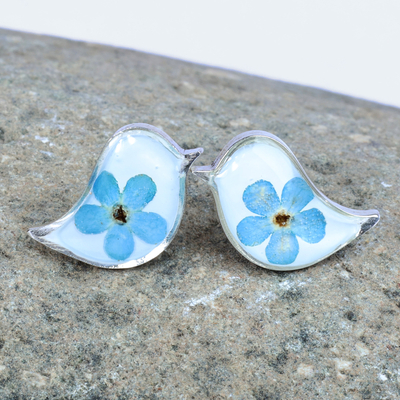Natural flower button earrings, 'Symphony of Memories' - Bird-Shaped Natural Blue Flower Resin Button Earrings