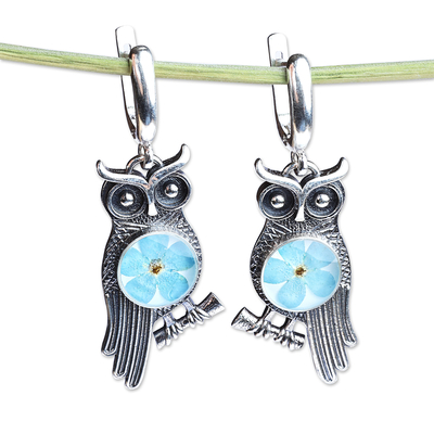 Natural flower and sterling silver dangle earrings, 'Sage's Memories' - Owl-Themed Natural Flower Sterling Silver Dangle Earrings