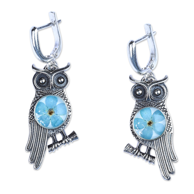 Natural flower and sterling silver dangle earrings, 'Sage's Memories' - Owl-Themed Natural Flower Sterling Silver Dangle Earrings