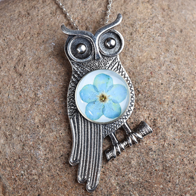 Natural flower and sterling silver pendant necklace, 'Sage's Memories' - Owl-Themed Natural Flower Sterling Silver Pendant Necklace