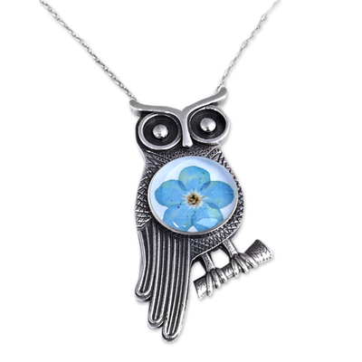 Natural flower and sterling silver pendant necklace, 'Sage's Memories' - Owl-Themed Natural Flower Sterling Silver Pendant Necklace