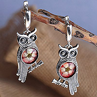 Natural flower and sterling silver dangle earrings, 'Sage's Romance' - Owl-Themed Red Flower Sterling Silver Dangle Earrings