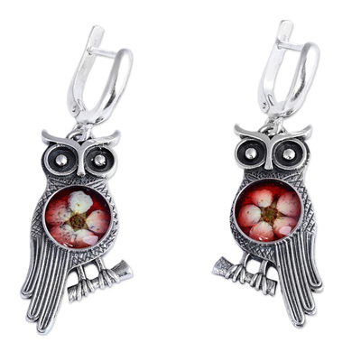 Natural flower and sterling silver dangle earrings, 'Sage's Romance' - Owl-Themed Red Flower Sterling Silver Dangle Earrings