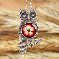 Natural flower and sterling silver pendant necklace, 'Sage's Romance' - Owl-Themed Red Flower Sterling Silver Pendant Necklace