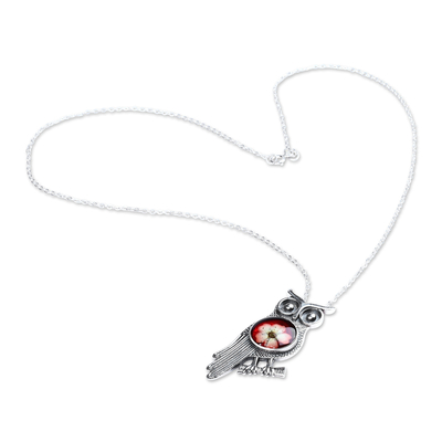 Natural flower and sterling silver pendant necklace, 'Sage's Romance' - Owl-Themed Red Flower Sterling Silver Pendant Necklace