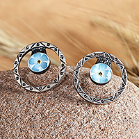 Natural flower and sterling silver button earrings, 'Altar to Memory' - Traditional Round Natural Flower Button Earrings in Blue