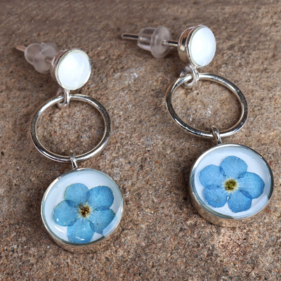 Natural flower and sterling silver dangle earrings, 'Moments & Memories' - Modern Round Resin-Coated Natural Flower Dangle Earrings